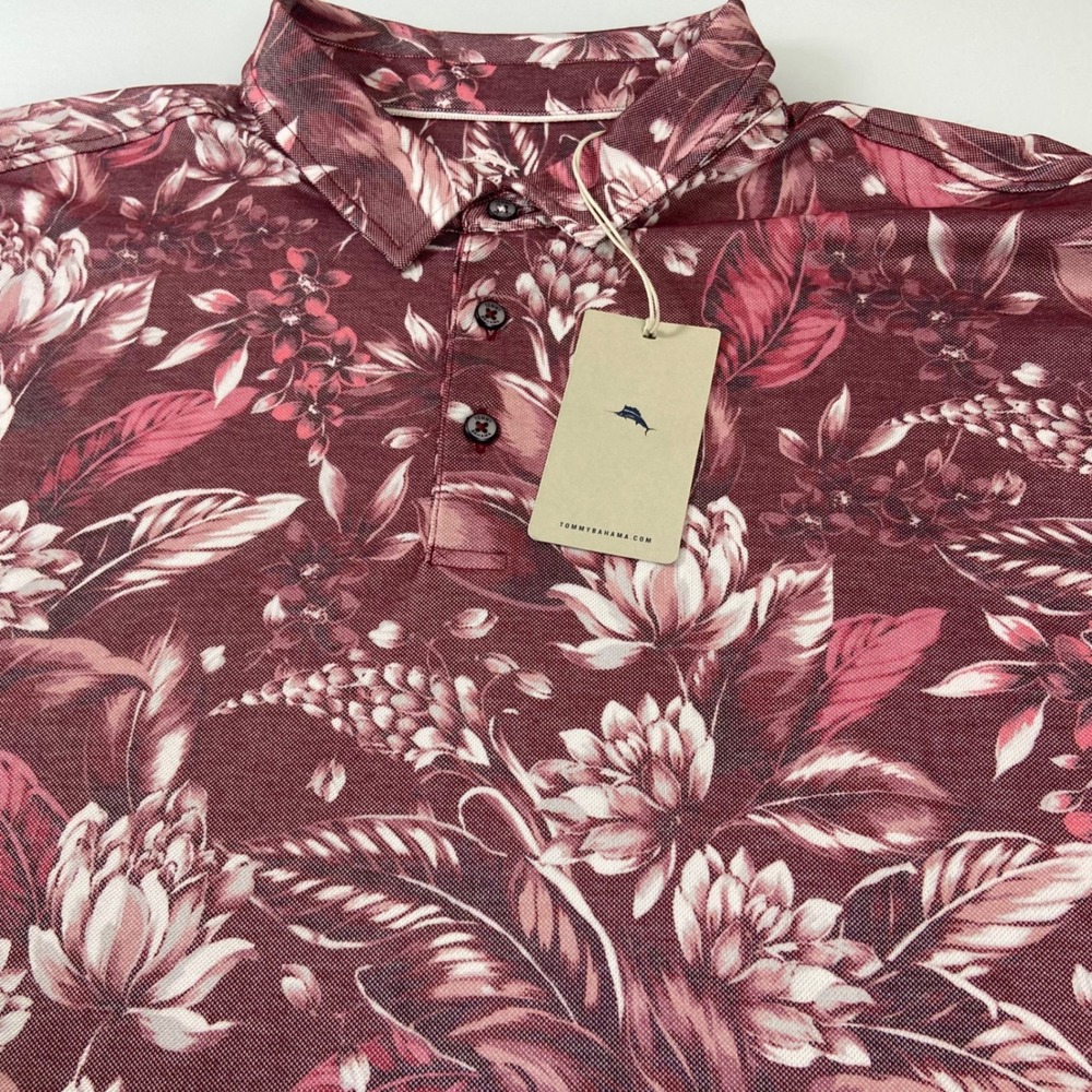 Tommy Bahama Mens XXXL 3XL Burgundy Floral Print Short Sleeve Polo Shirt NEW‎